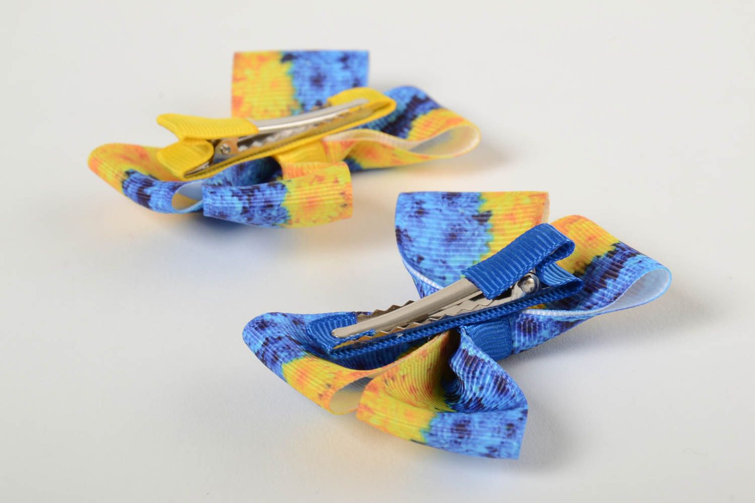 Hair clips in the form of bows handmade blue with yellow barrettes 2 pieces photo 3