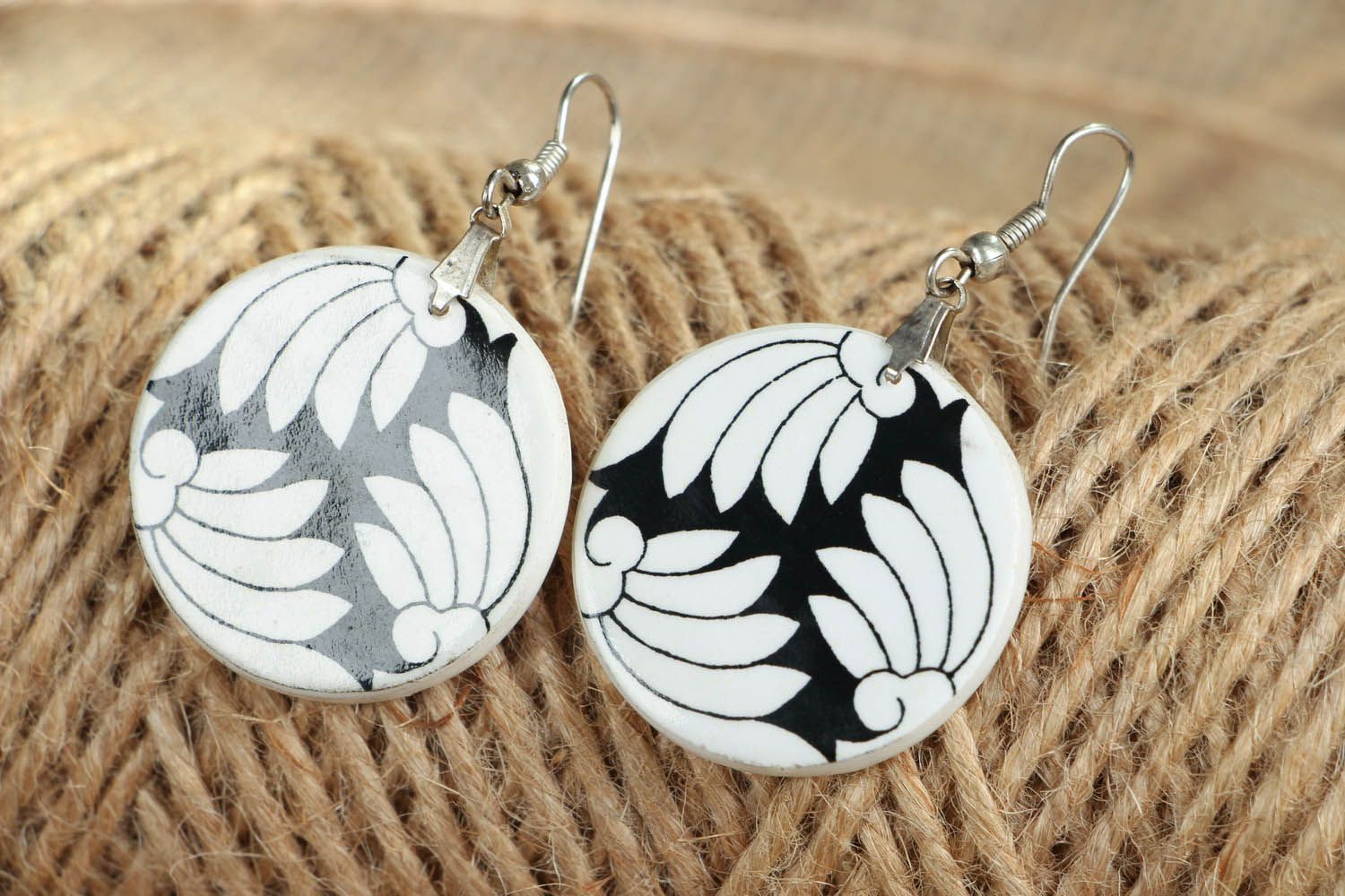 Black and white earrings made of polymer clay photo 3