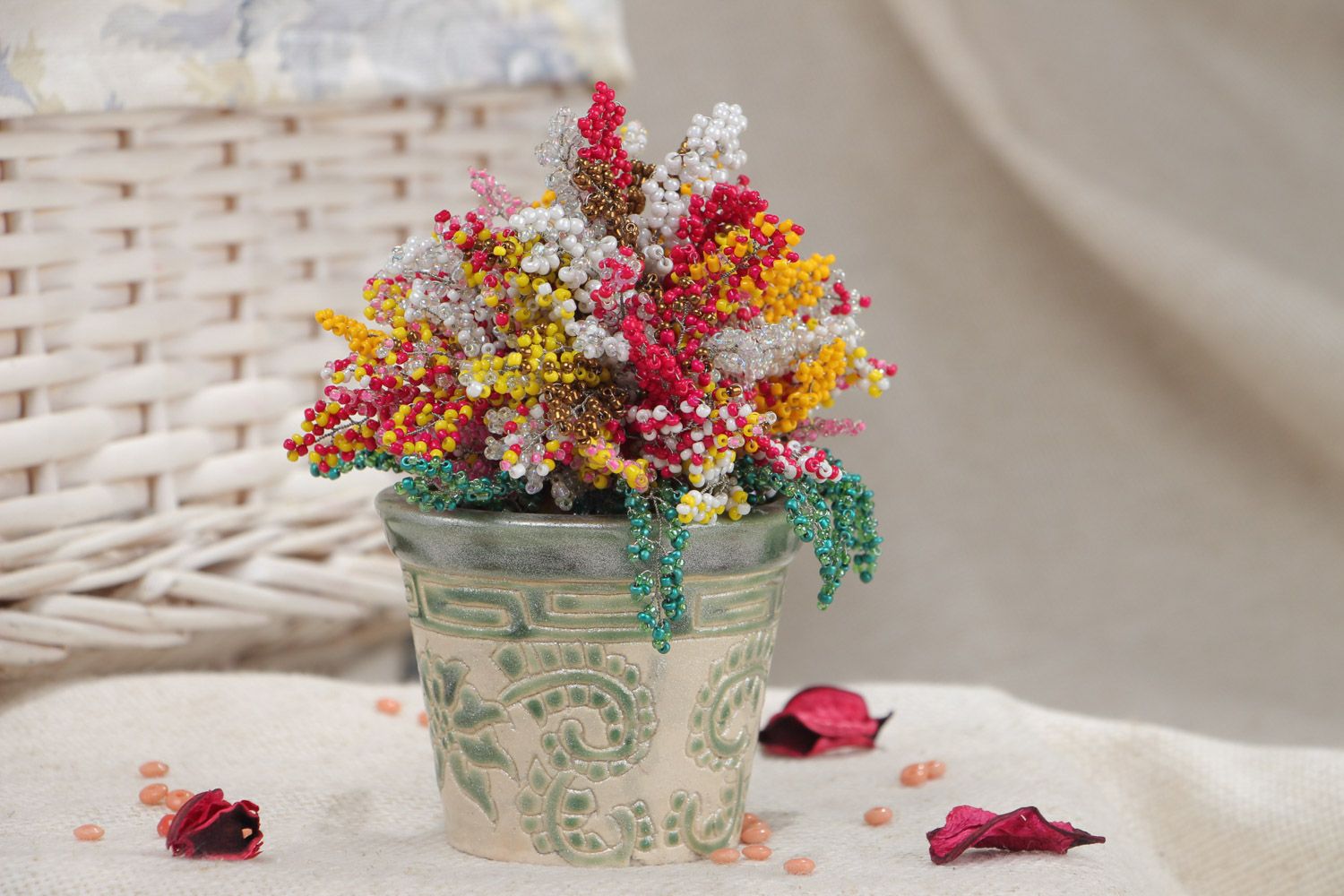 Ceramic pot with handmade woven beaded flowers for home decor photo 1