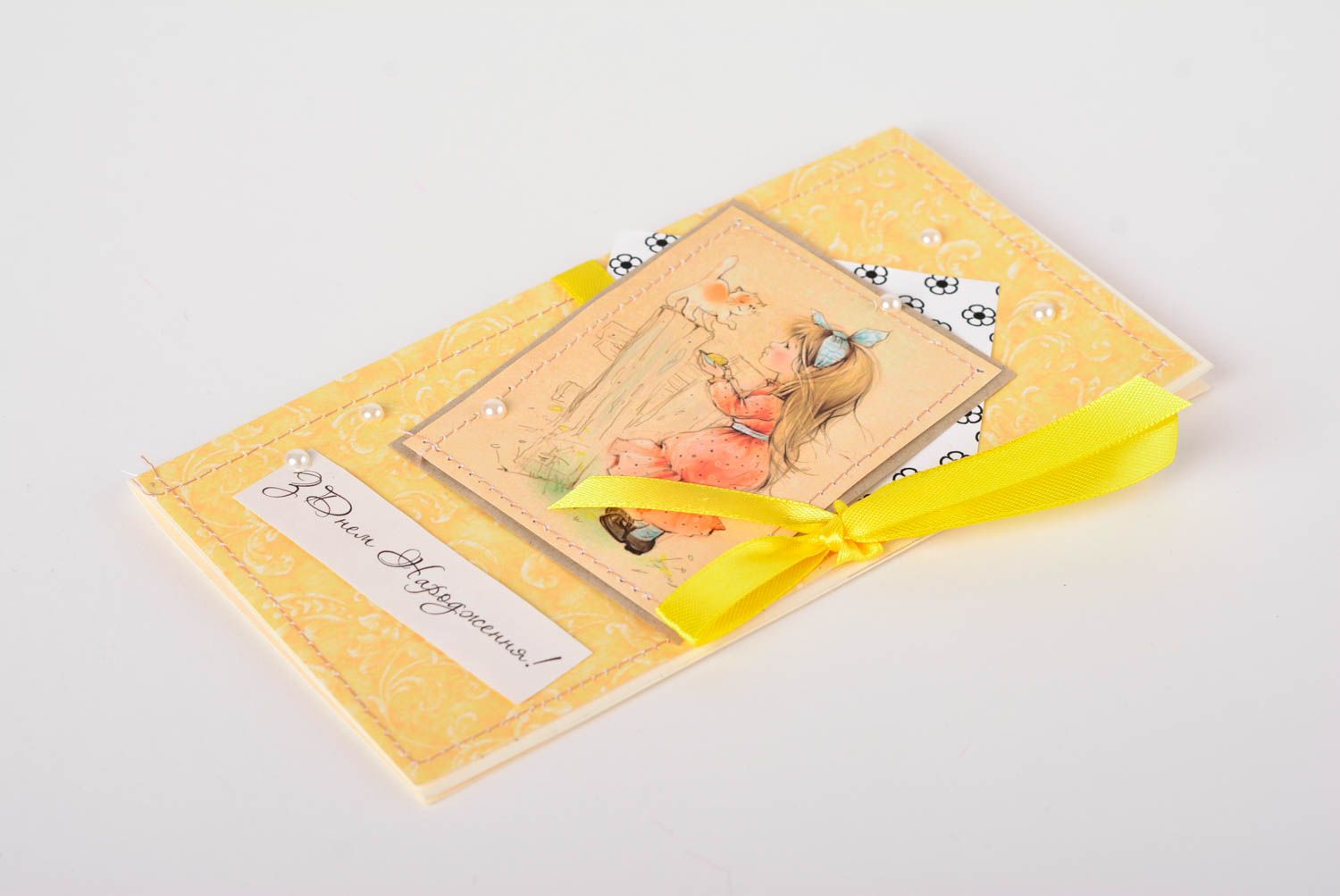 Carte de voeux fait main avec rubans tons jaunes design Cadeau original photo 1