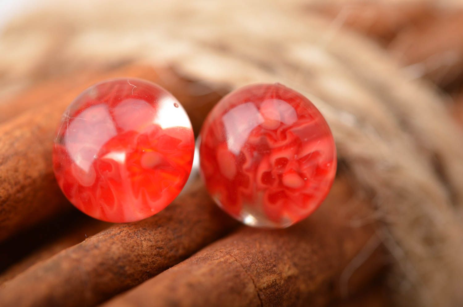 Beautiful red handmade designer millefiori glass earrings with silver fittings photo 1