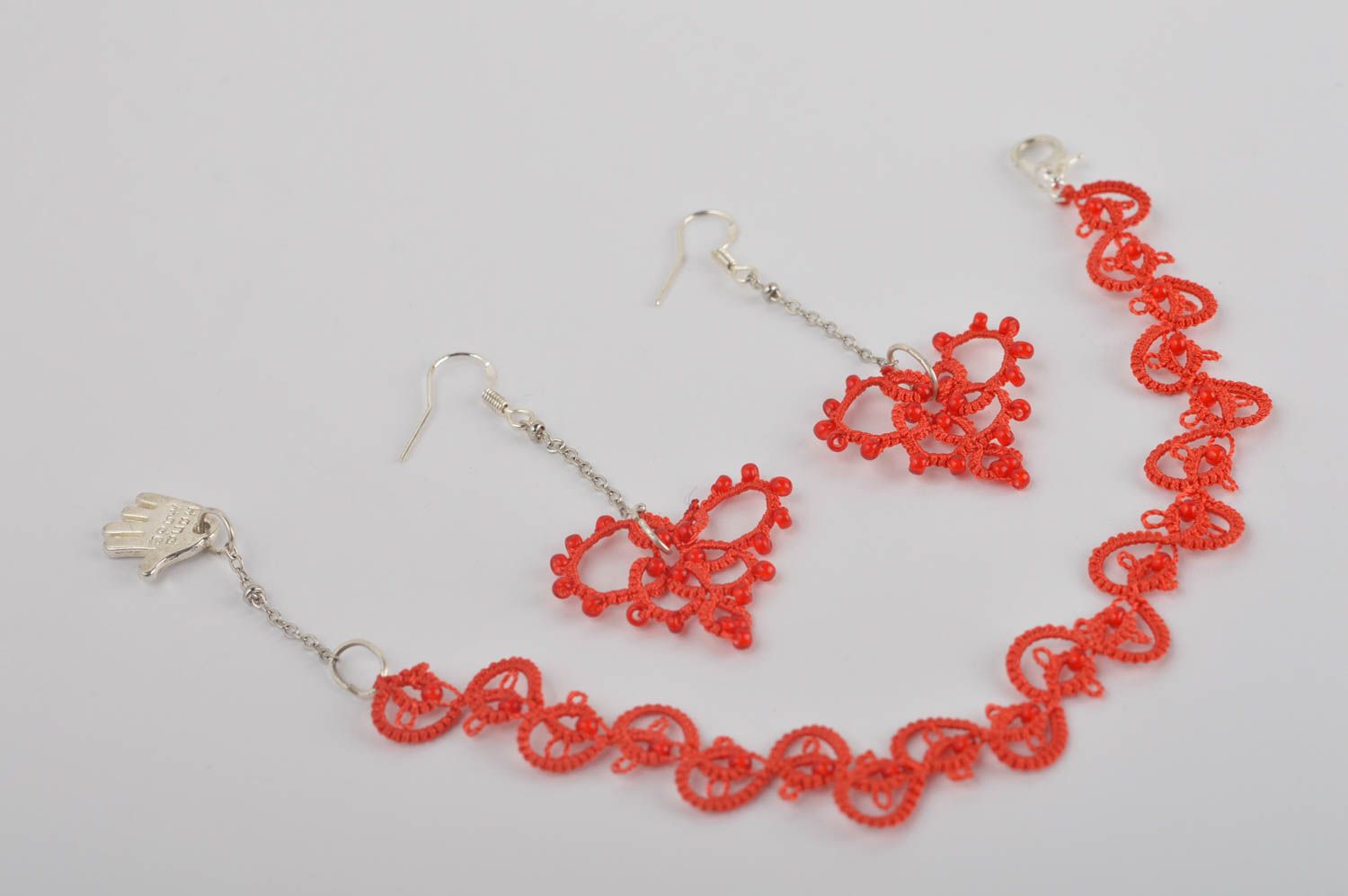 Handmade jewelry set needle tatting dangling earrings fashion bracelet photo 2