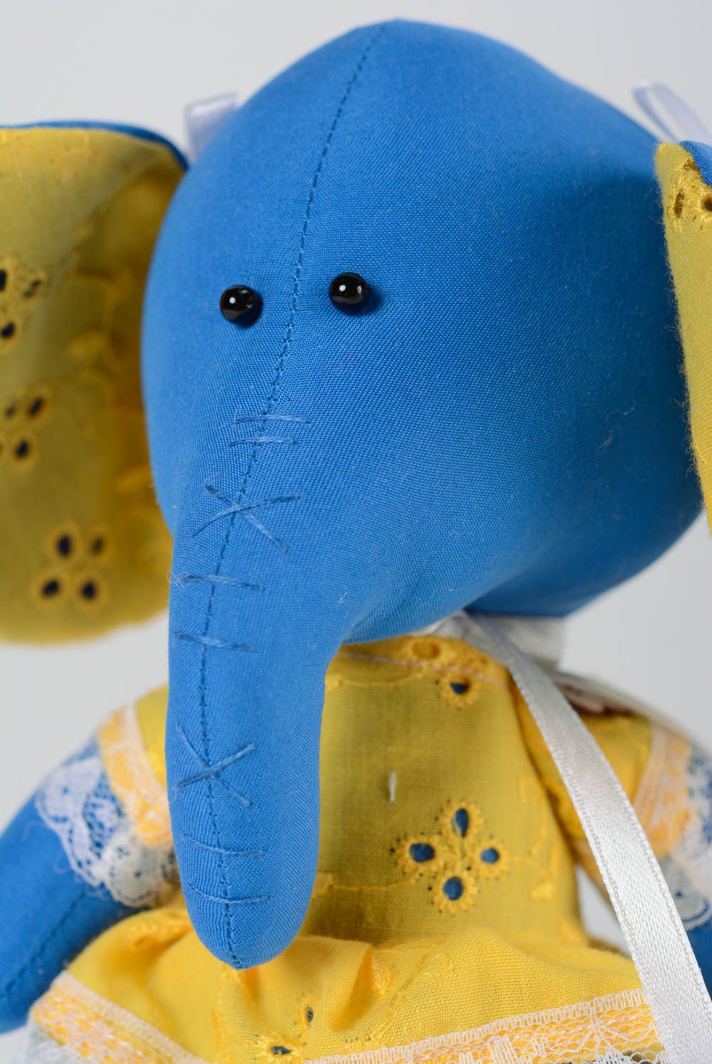 Handmade designer cotton fabric soft toy blue elephant in bright yellow dress photo 3