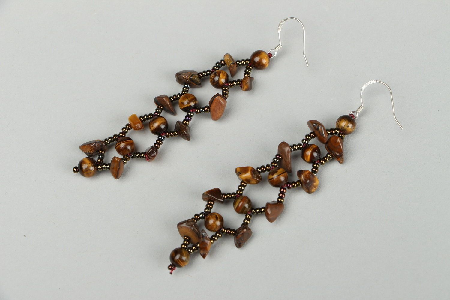 Pendent earrings made of Czech beads with tiger's eye stone photo 1
