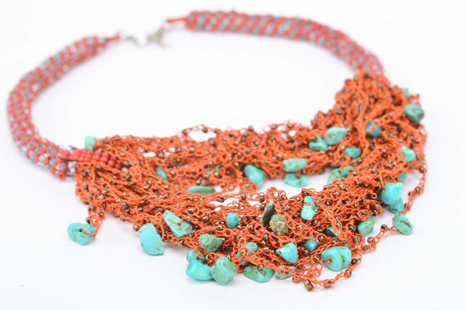Handmade massive multi row necklace woven of Czech beads and turquoise beads photo 2