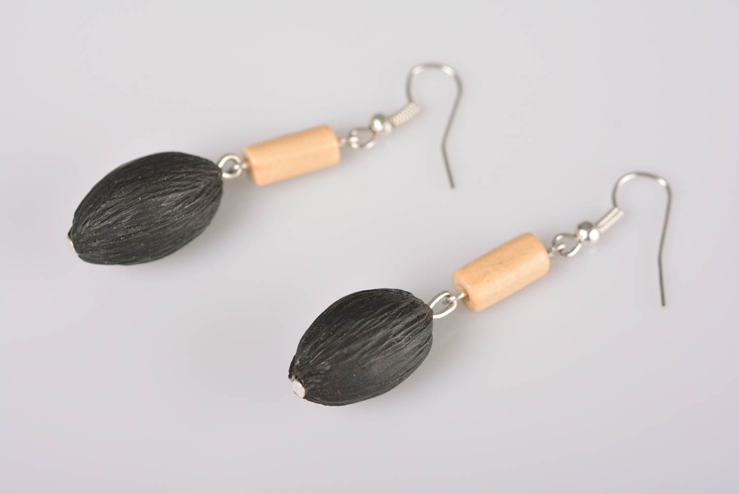 Handmade long dangle earrings with black polymer clay and wooden beads photo 3