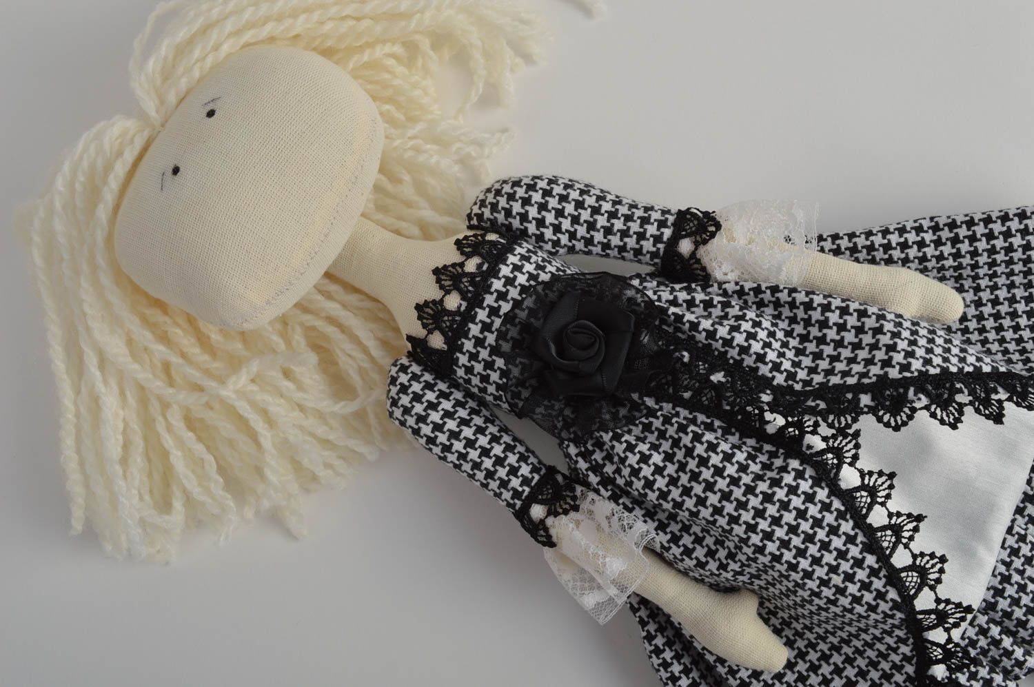Handmade designer fabric soft doll girl in checkered black and white dress photo 3