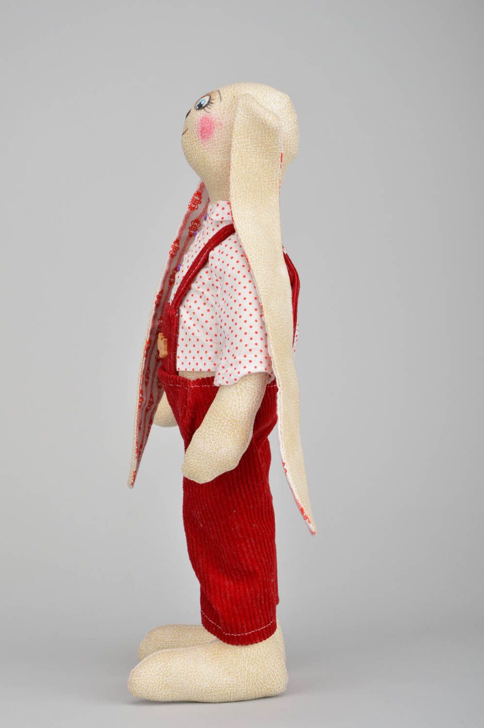 Handmade designer cotton fabric soft toy rabbit boy in red trousers and shirt photo 5