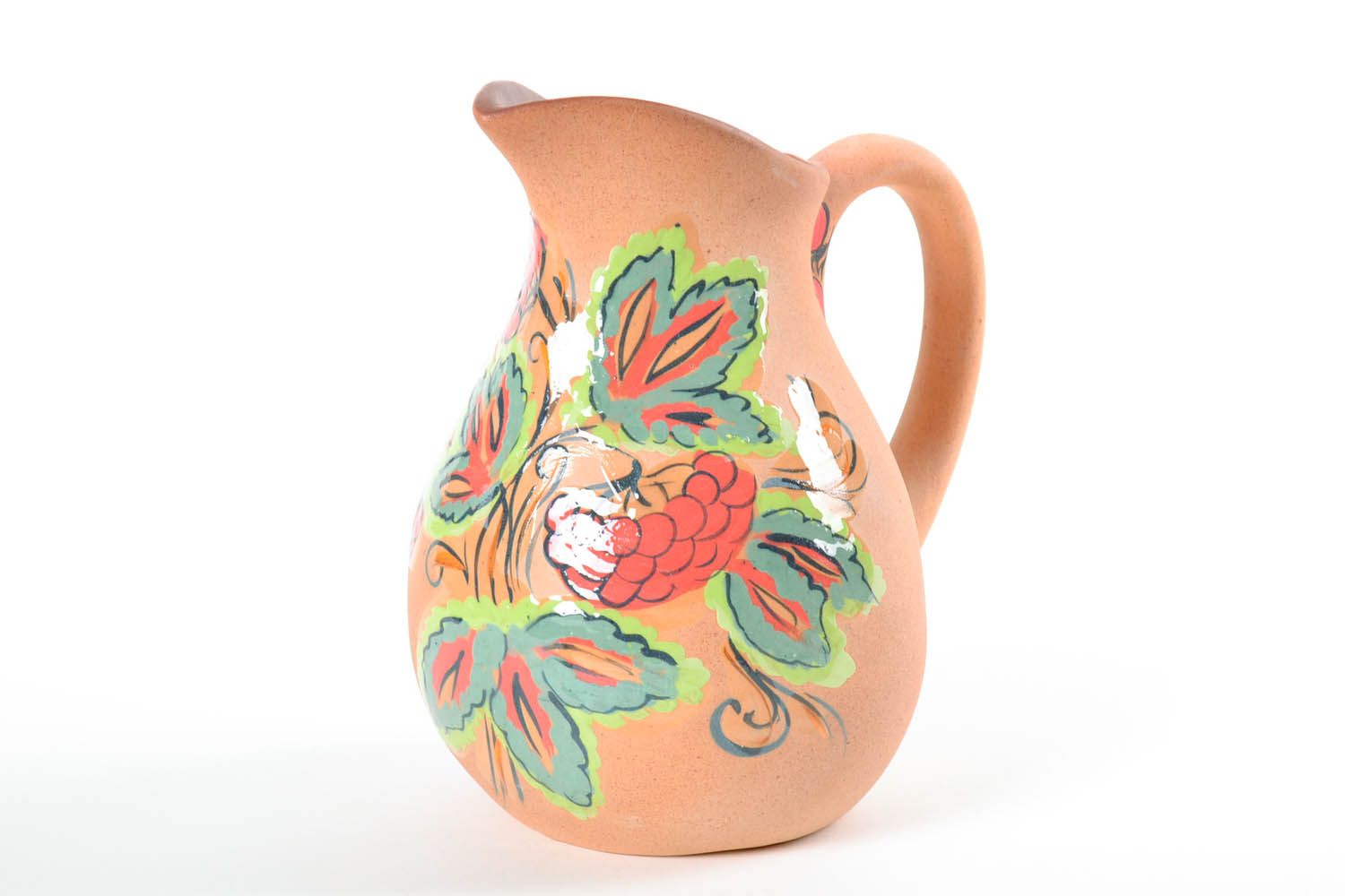 60 oz handmade lead-free clay pitcher with handle and hand-painted floral ornament 2,2 lb photo 3