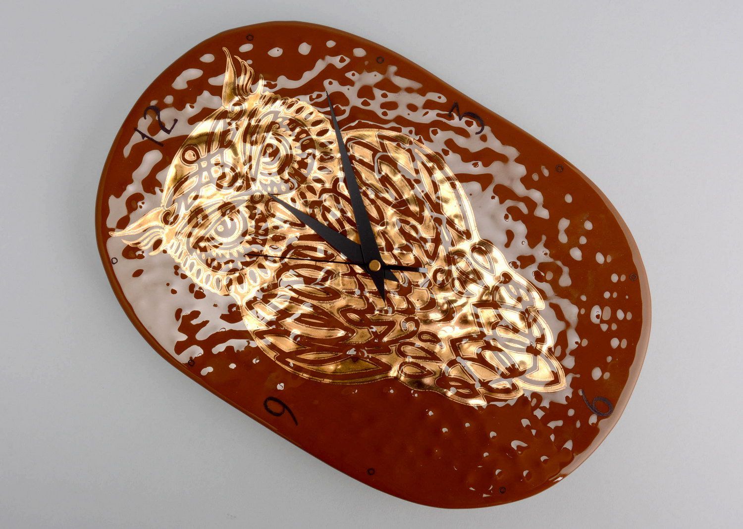 Horloge murale en verre artisanale Hibou doré photo 1