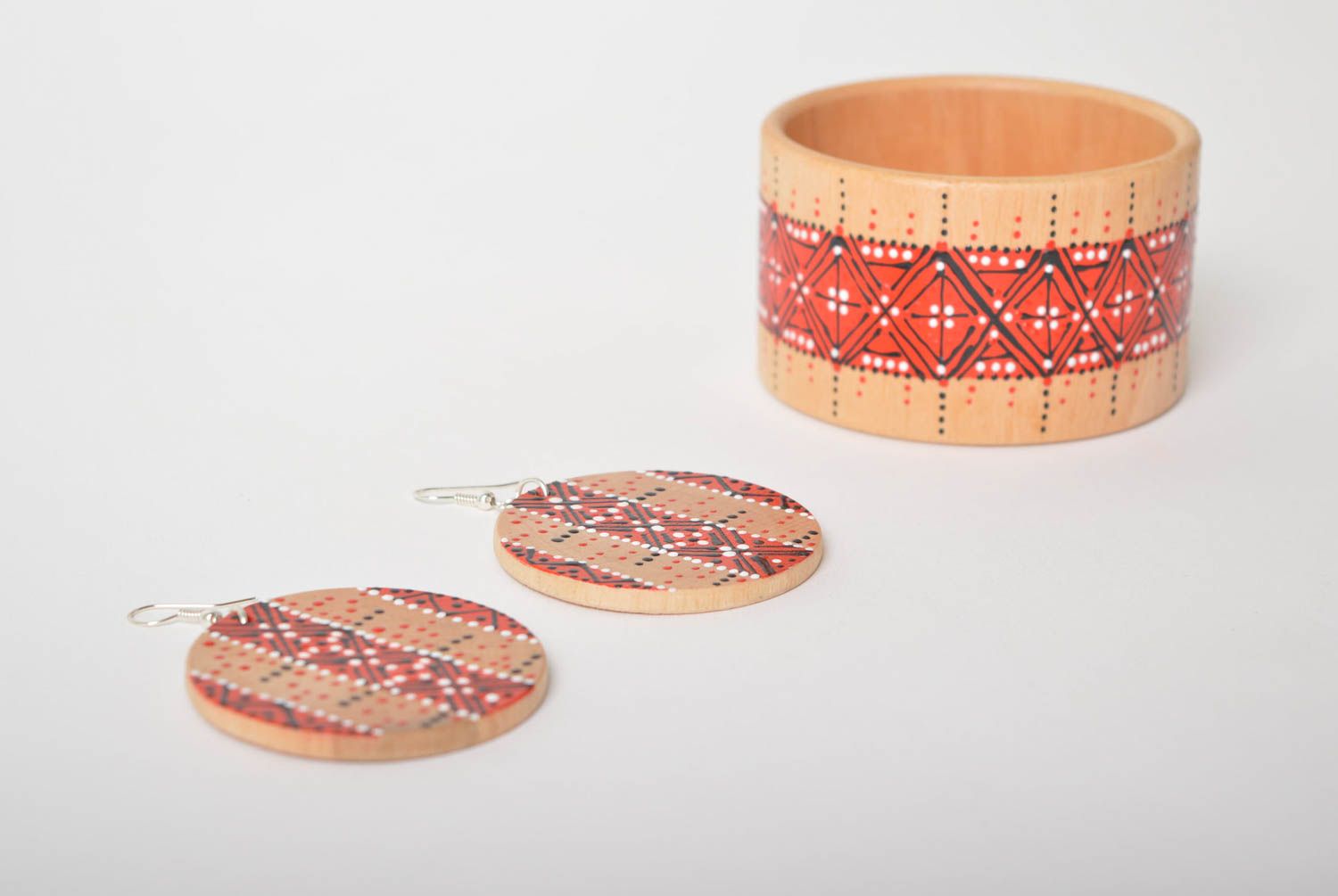 Деревянные украшения ручной работы модные серьги женский браслет расписные фото 4