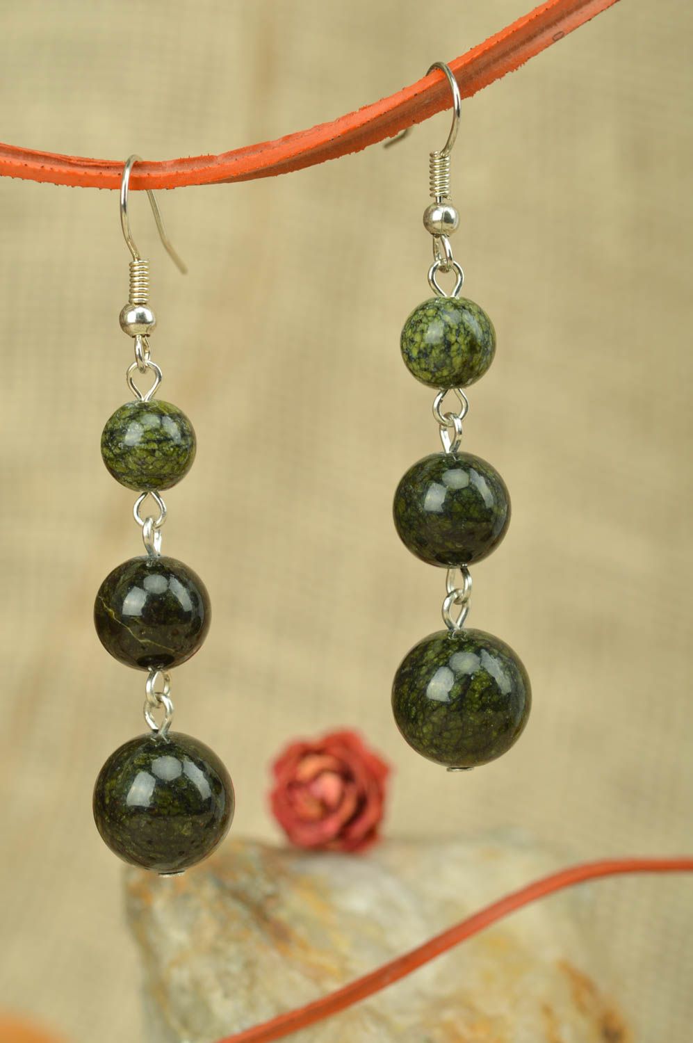 Handmade designer long dangle earrings with dark green glass beads for women photo 1