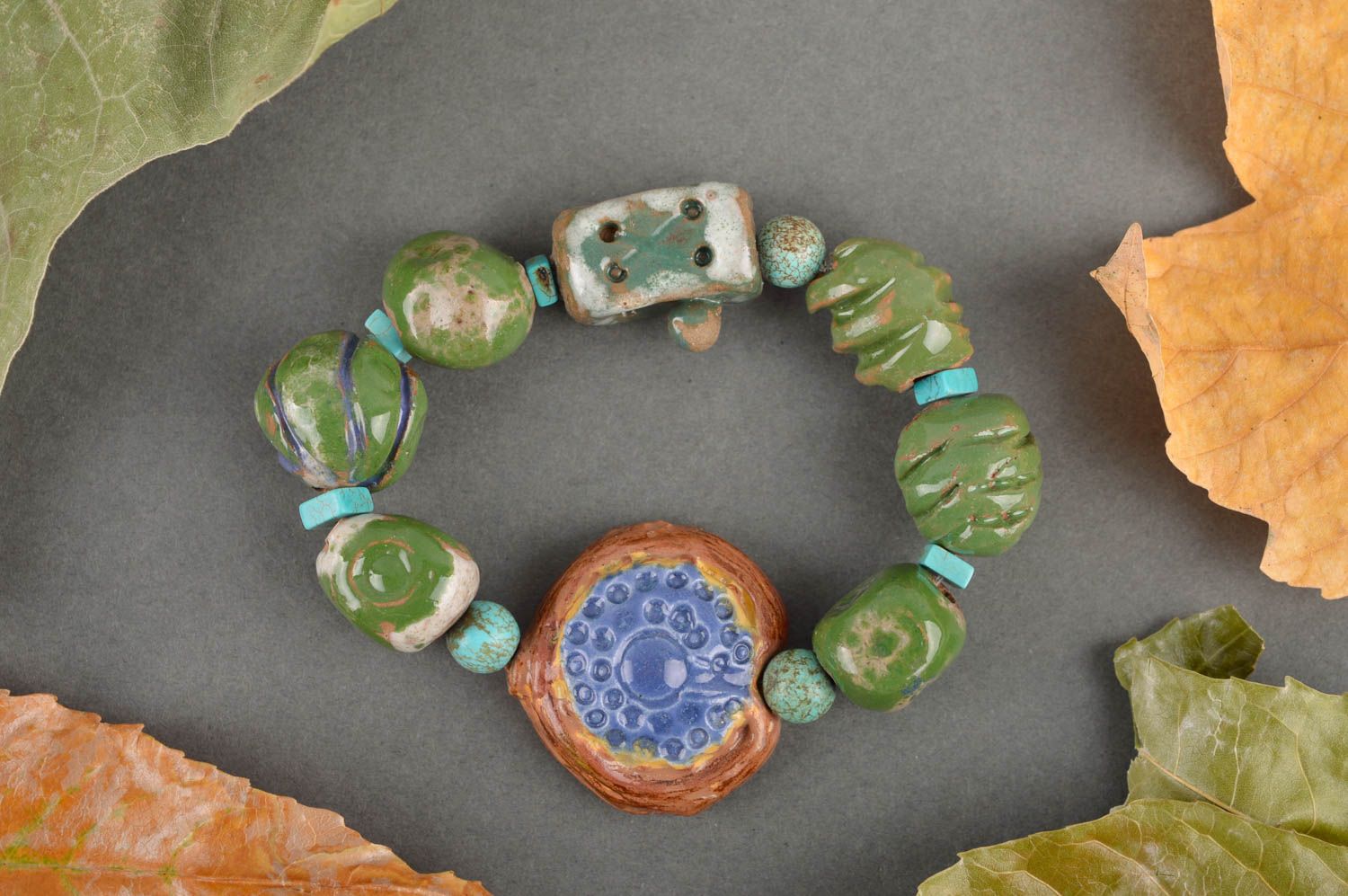 Bracelet céramique Bijou fait main vert style ethnique Cadeau pour femme écolo photo 1