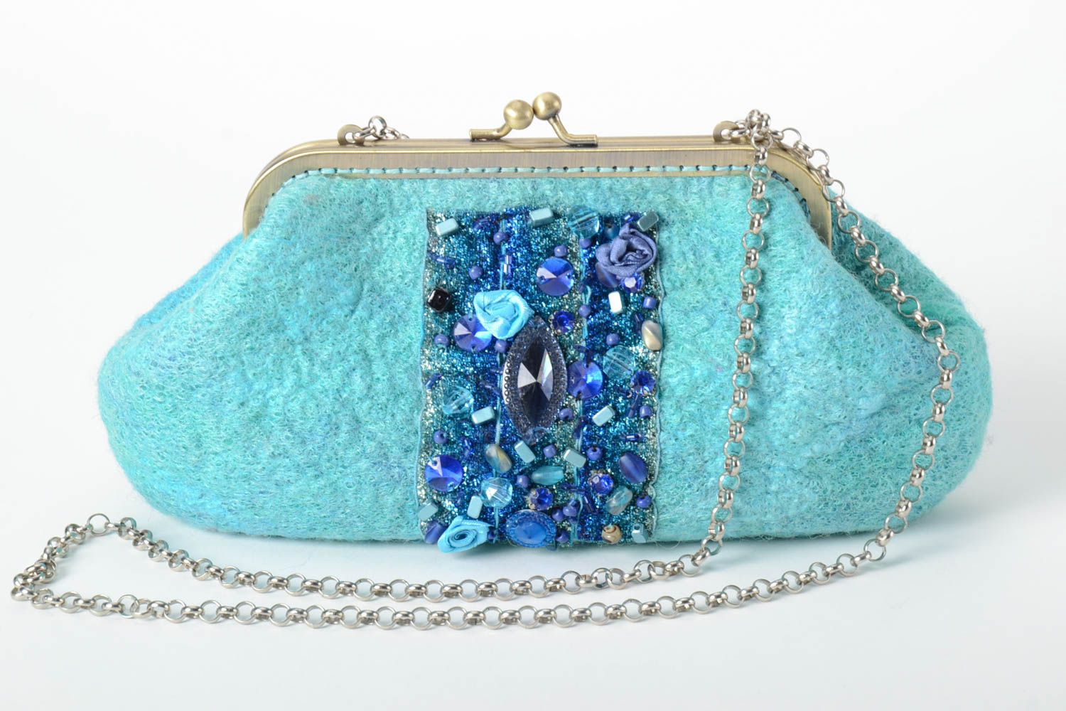 Bolso hecho a mano de lana de fieltro azul accesorio de mujer regalo original foto 3