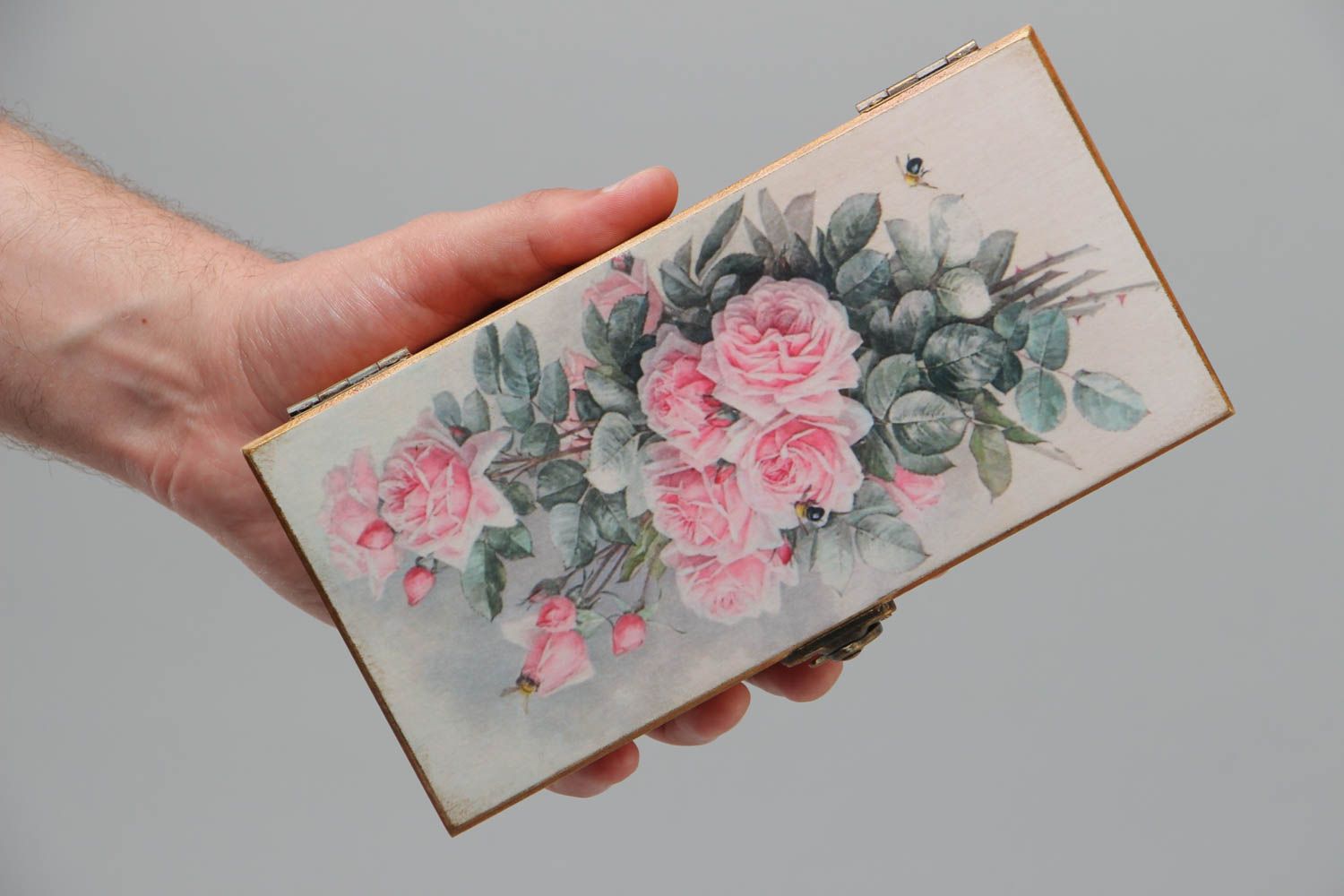 Handmade rectangular wooden jewelry box with floral print on a lid photo 5