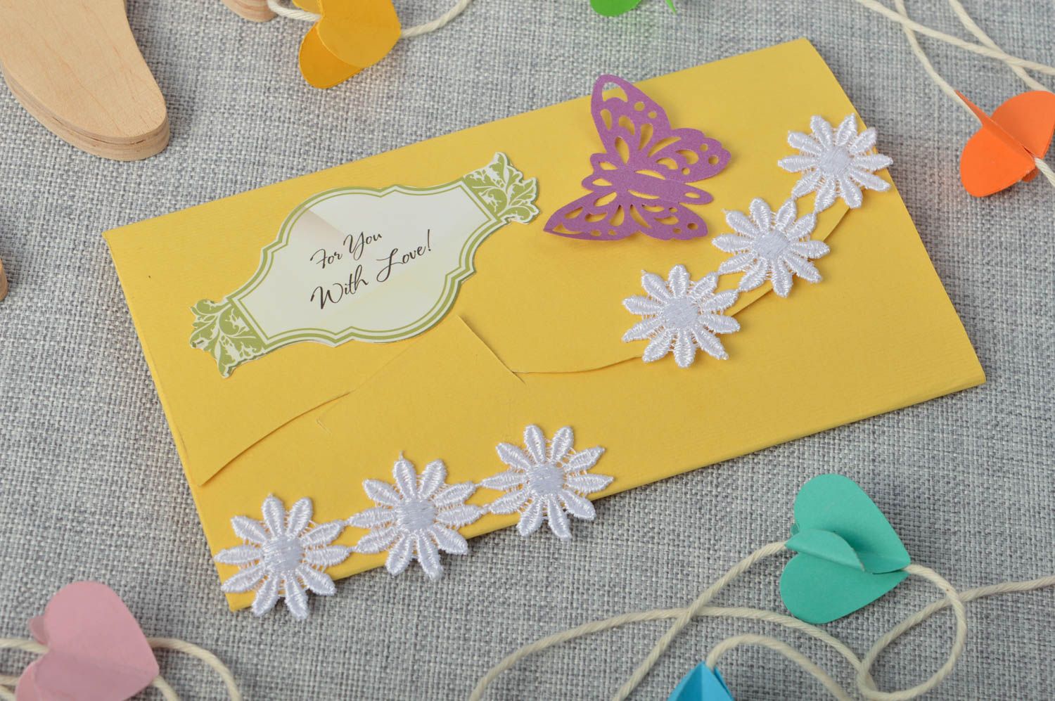Enveloppe cadeau faite main Enveloppe carton jaune décorée Emballage cadeau photo 1