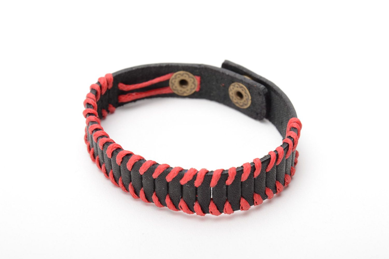 Bracelet en vrai cuir original noir rouge avec boutons-pression fait main photo 3