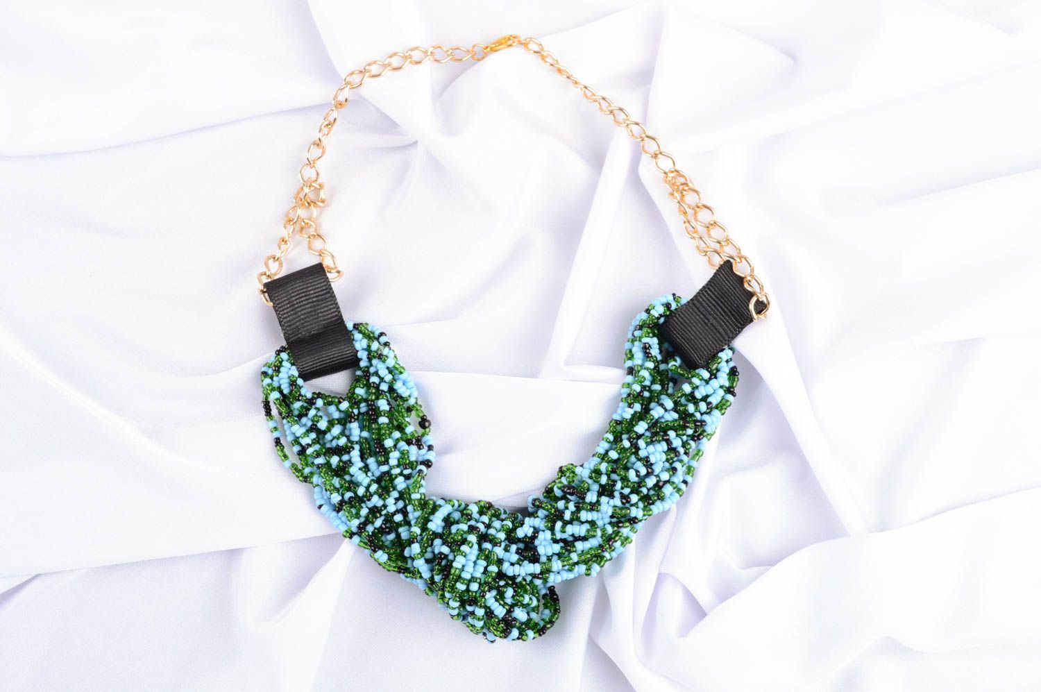 Колье из бисера украшение ручной работы ожерелье из бисера зеленое с голубым фото 1