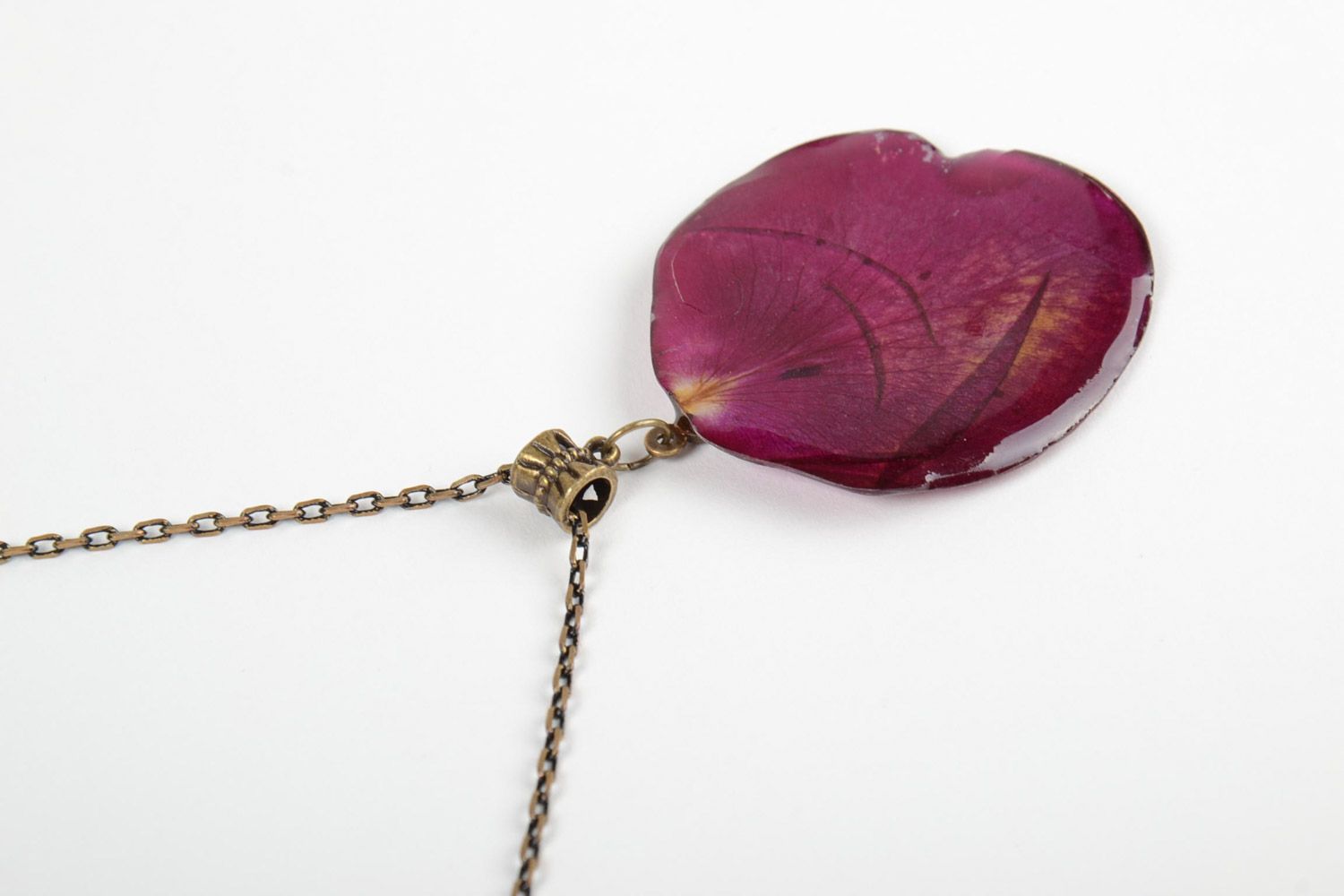 Violet handmade neck pendant with flower petal coated with epoxy photo 4