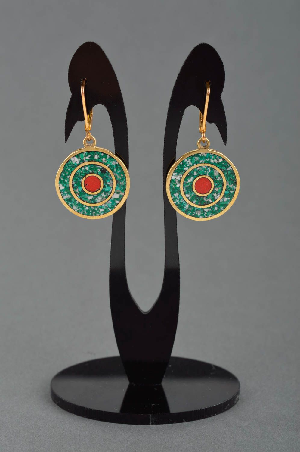 Stylish earrings with natural stones handmade brass earrings metal bijouterie photo 1