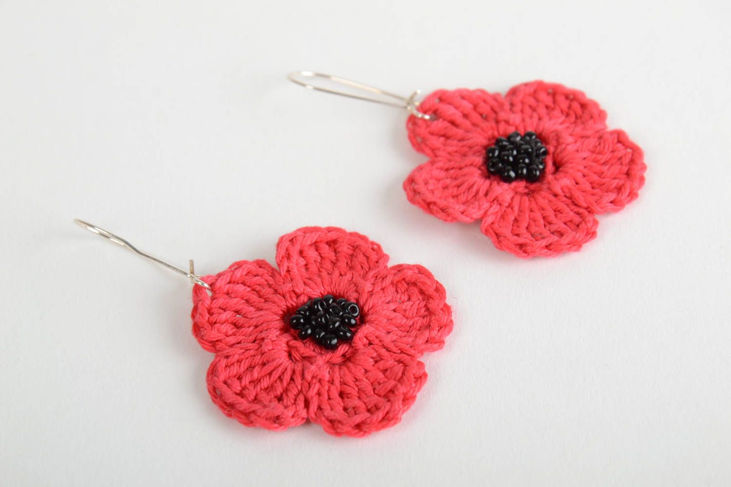 Handmade crochet poppy earrings