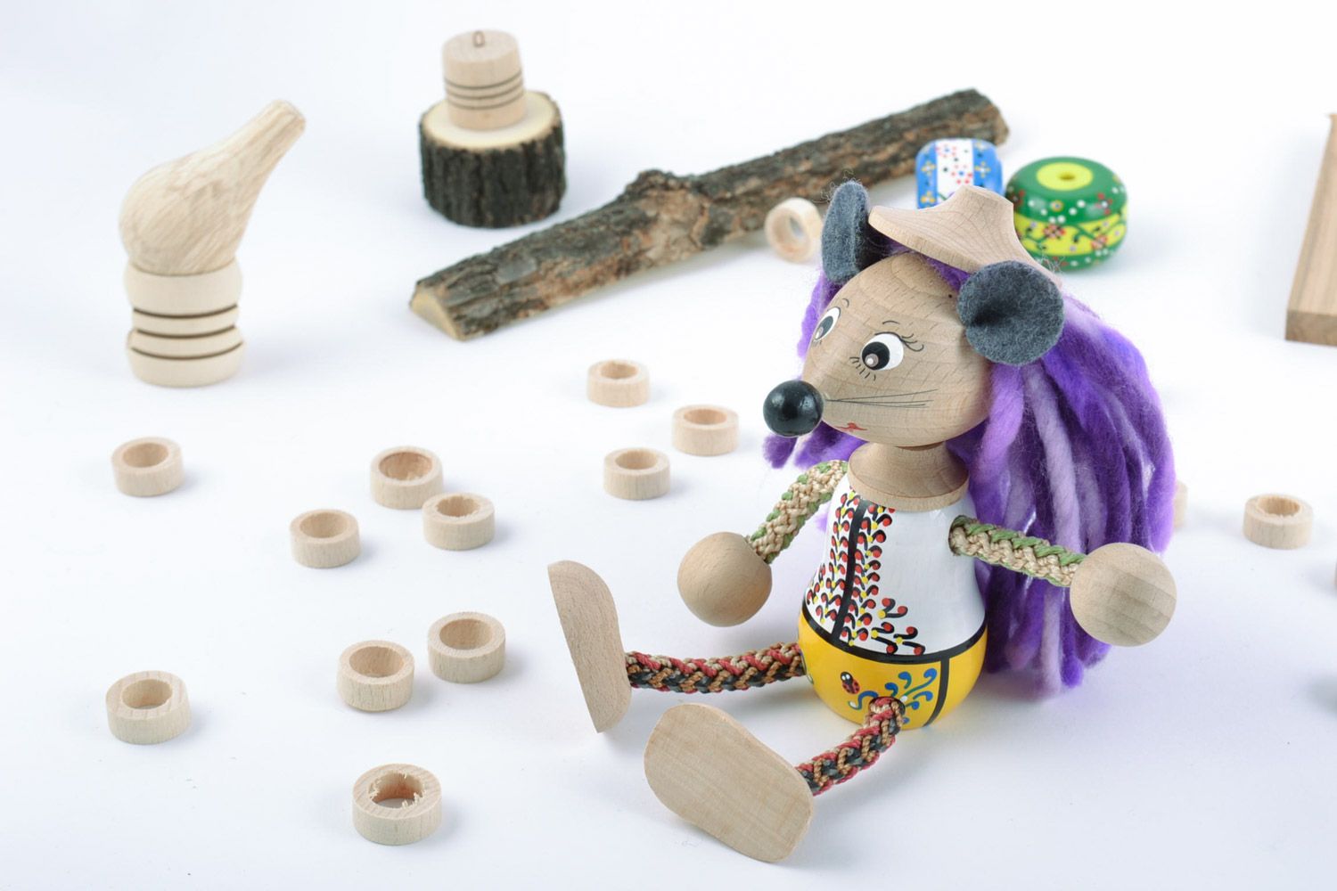 Handmade painted wooden eco toy mouse with violet hair for children and interior photo 1