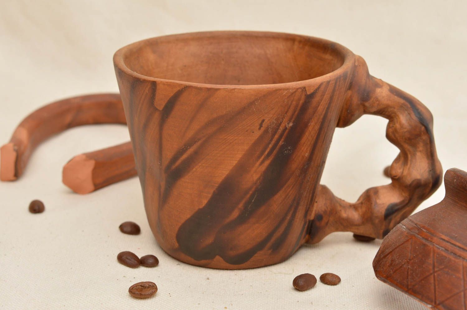 Clay handmade coffee 3 oz cup with handle and no pattern photo 1