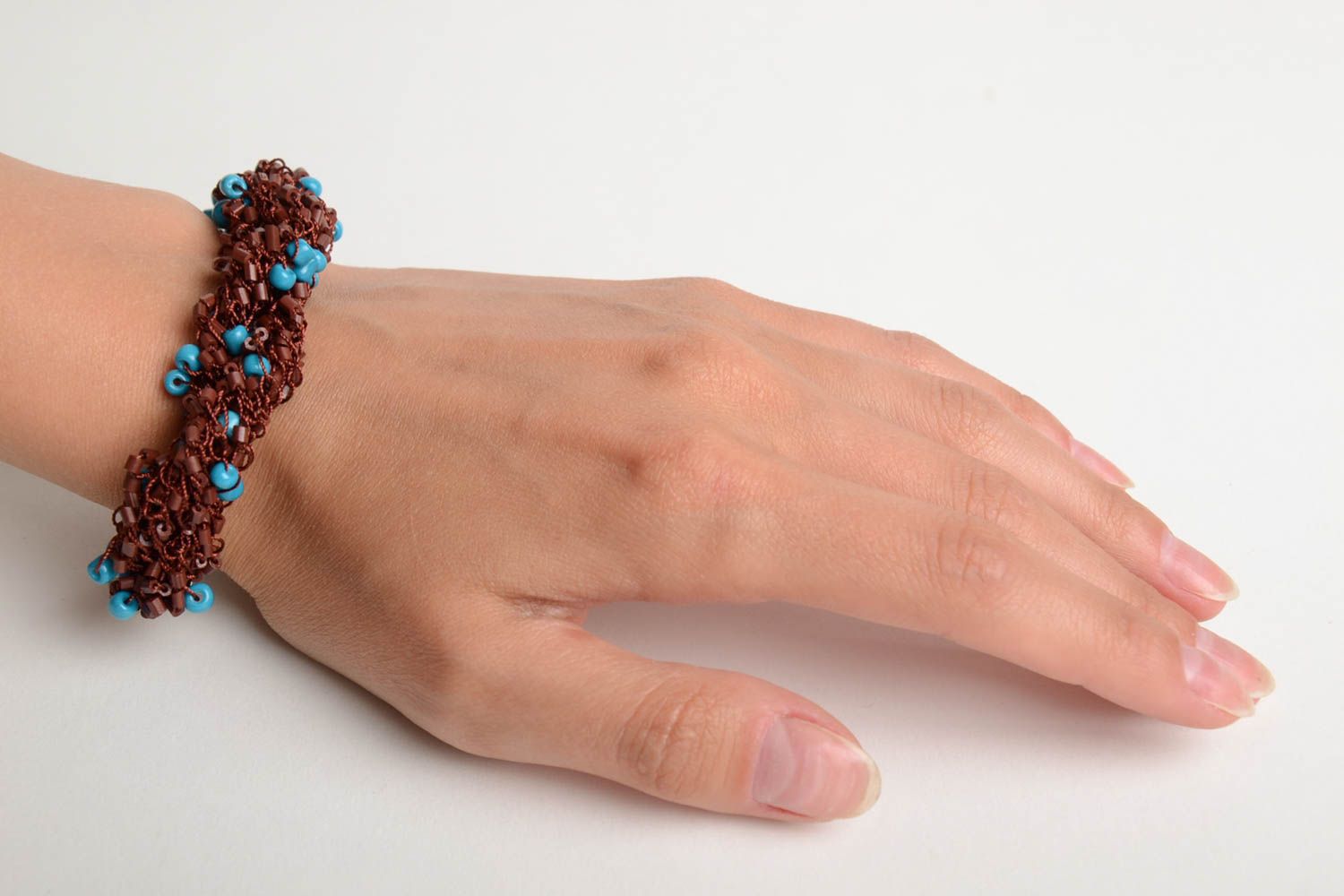 Handmade designer crocheted wrist bracelet with brown and blue Czech beads photo 2