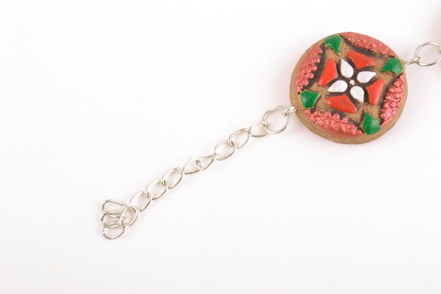 Handmade wrist bracelet on chain with ceramic elements with bright ornaments photo 5