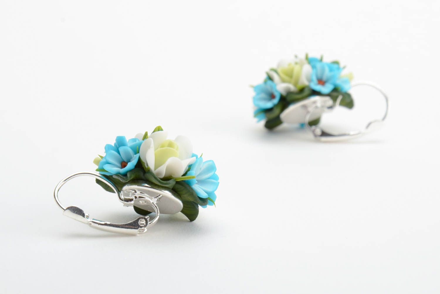 Handmade tender earrings with tiny blue and green polymer clay flowers photo 5