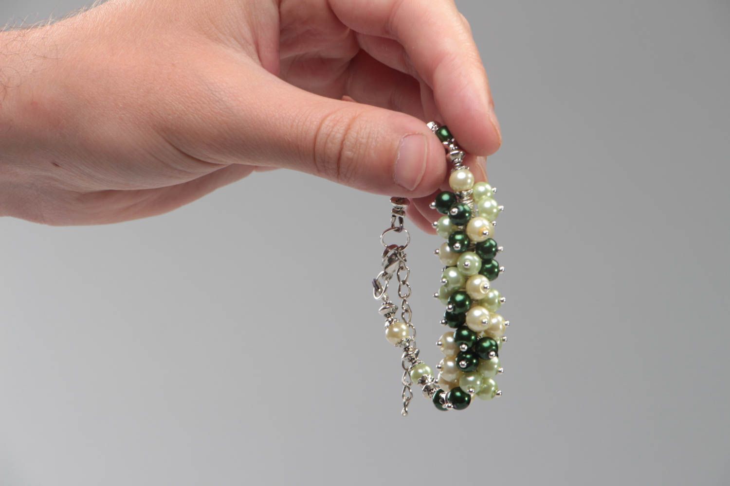 Bracelet en perles céramiques fait main sur chaîne réglable vert original photo 5
