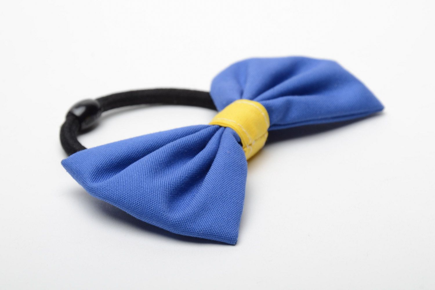 Unusual handmade blue cotton fabric bow hair tie photo 4