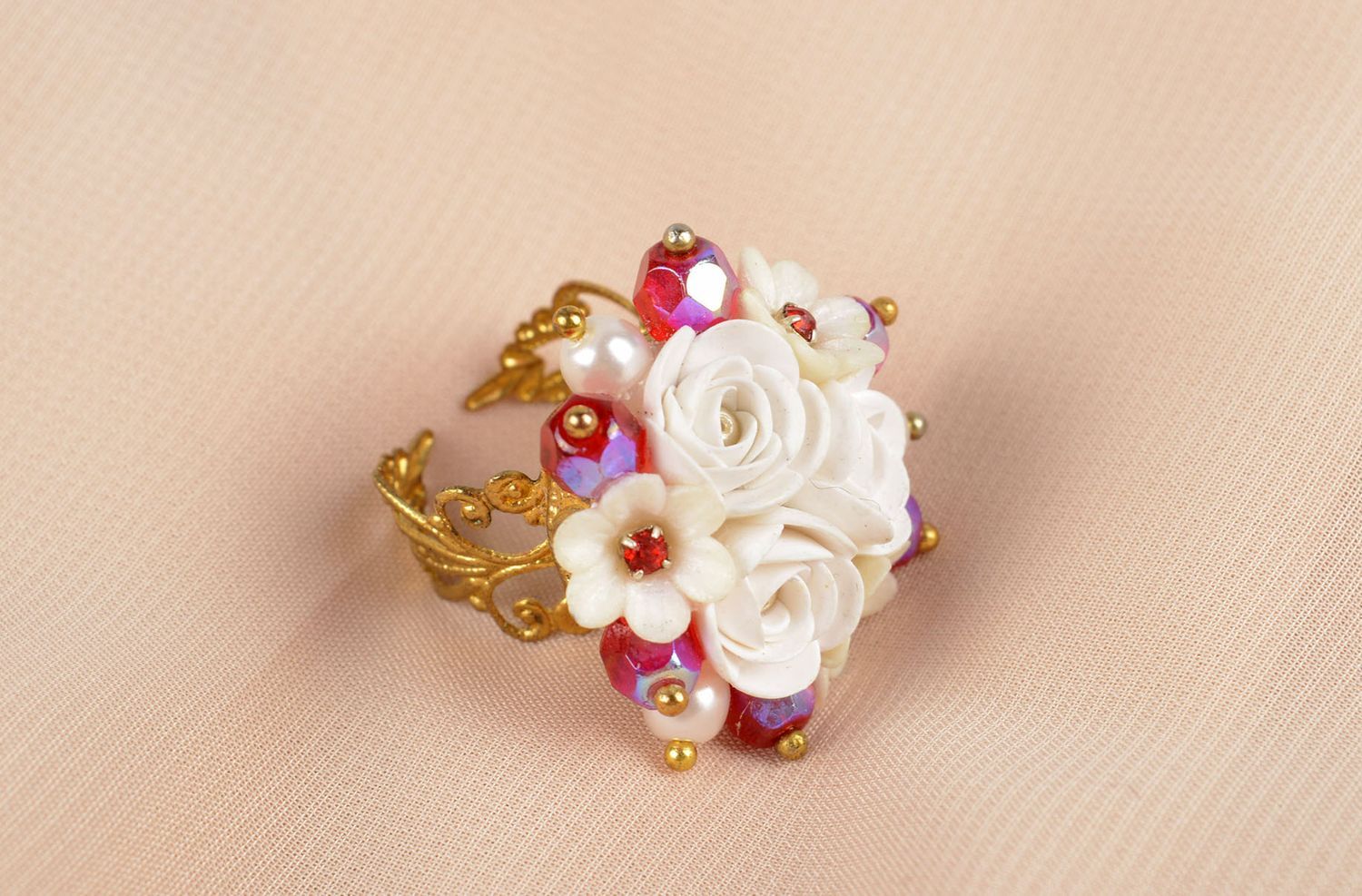 Polymer clay ring handmade volume ring with flowers stylish present for women  photo 5
