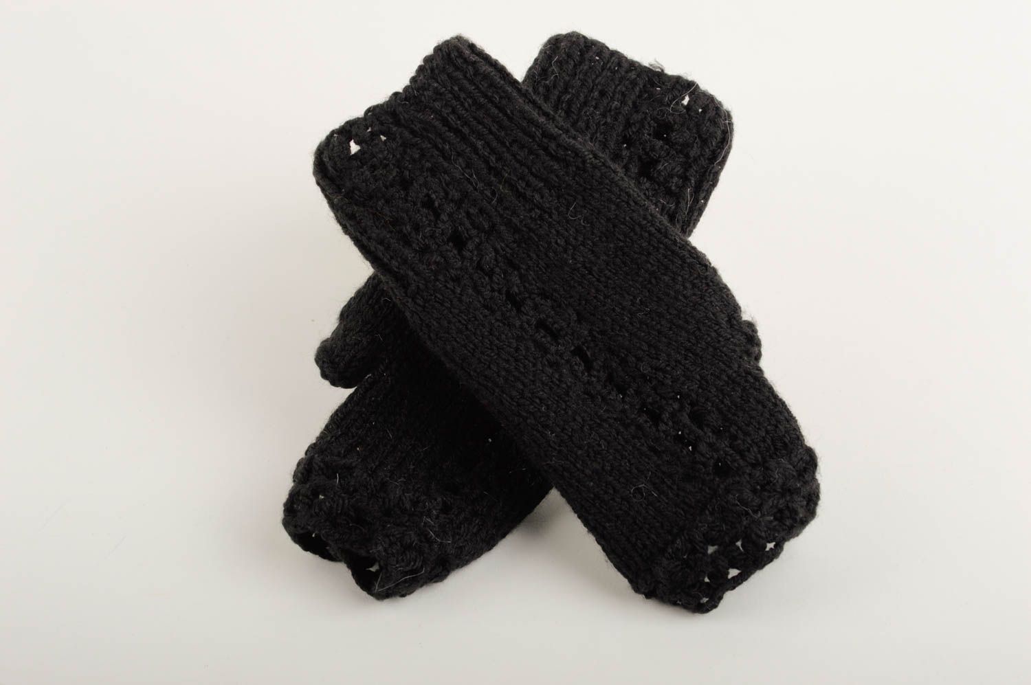 Handmade black female mitts stylish designer mitts knitted cute accessory photo 4