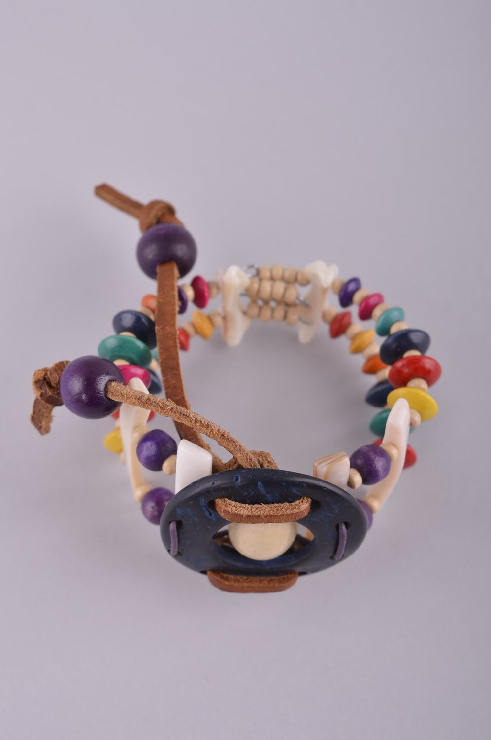 Bracelet large Bijou fait main cuir perles de bois multicolore Cadeau femme photo 2