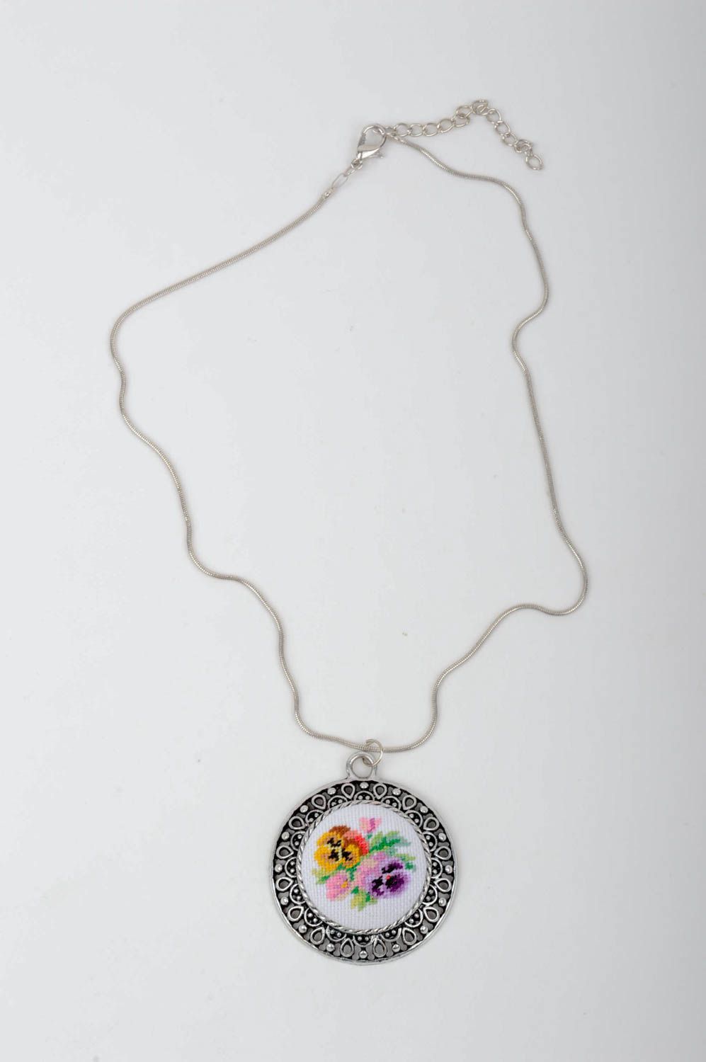 Handmade embroidered pendant unusual elegant jewelry unique accessory photo 1