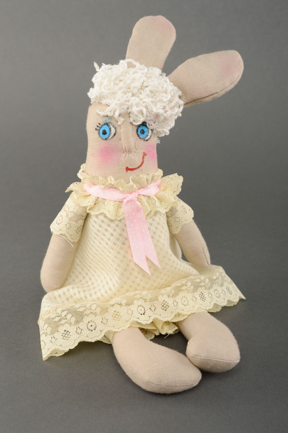 Fabric soft toy rabbit in beautiful dress photo 1