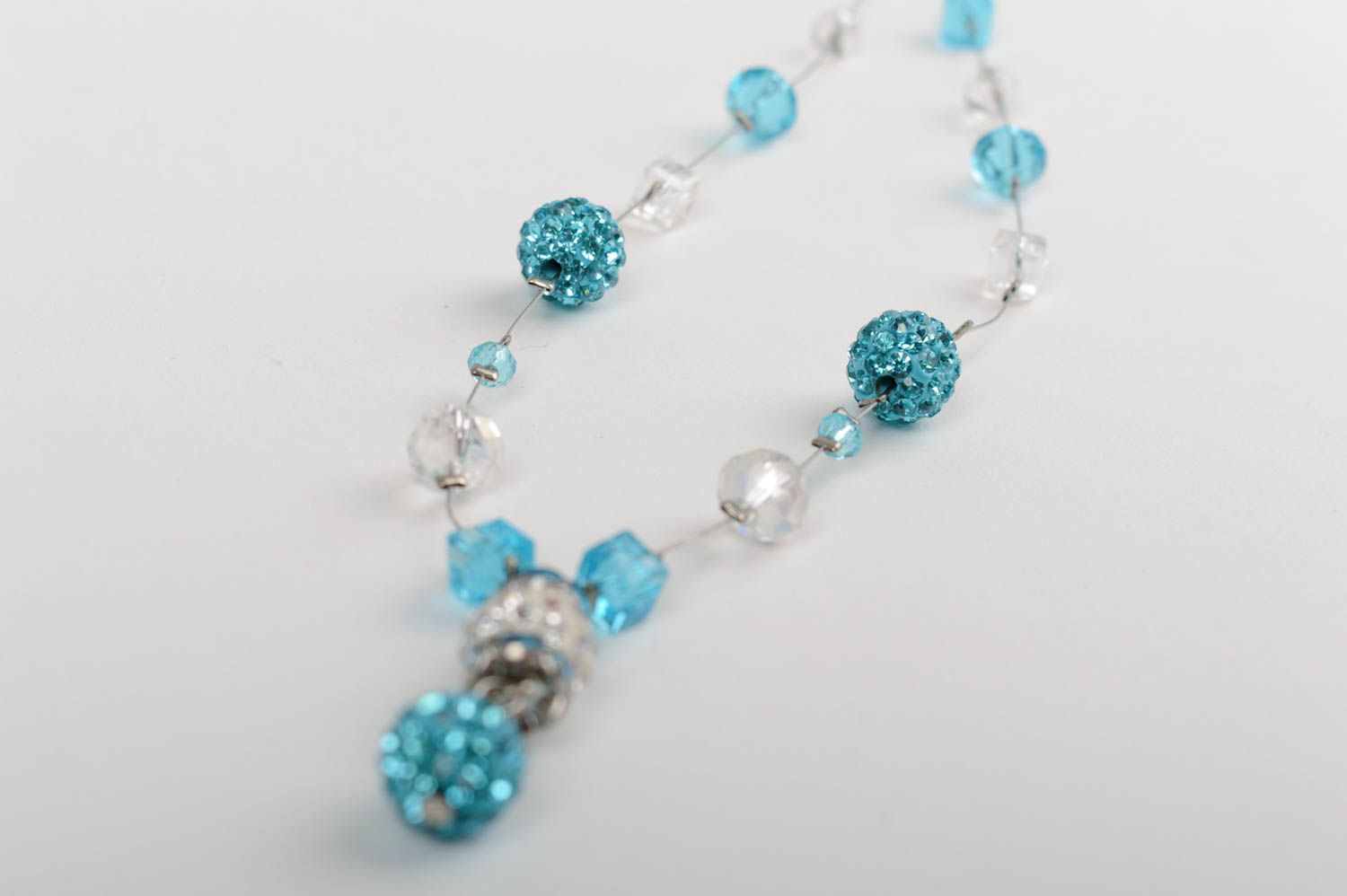 Handmade tender necklace with Czech crystal with rhinestones on jewelry string photo 5