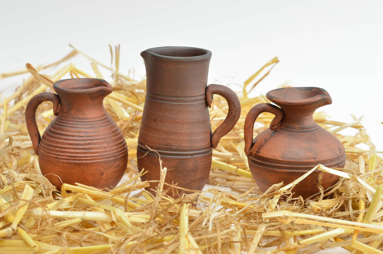 Set of three ceramic lead-free ceramic wine or milk jugs with handles 0,56 lb photo 1