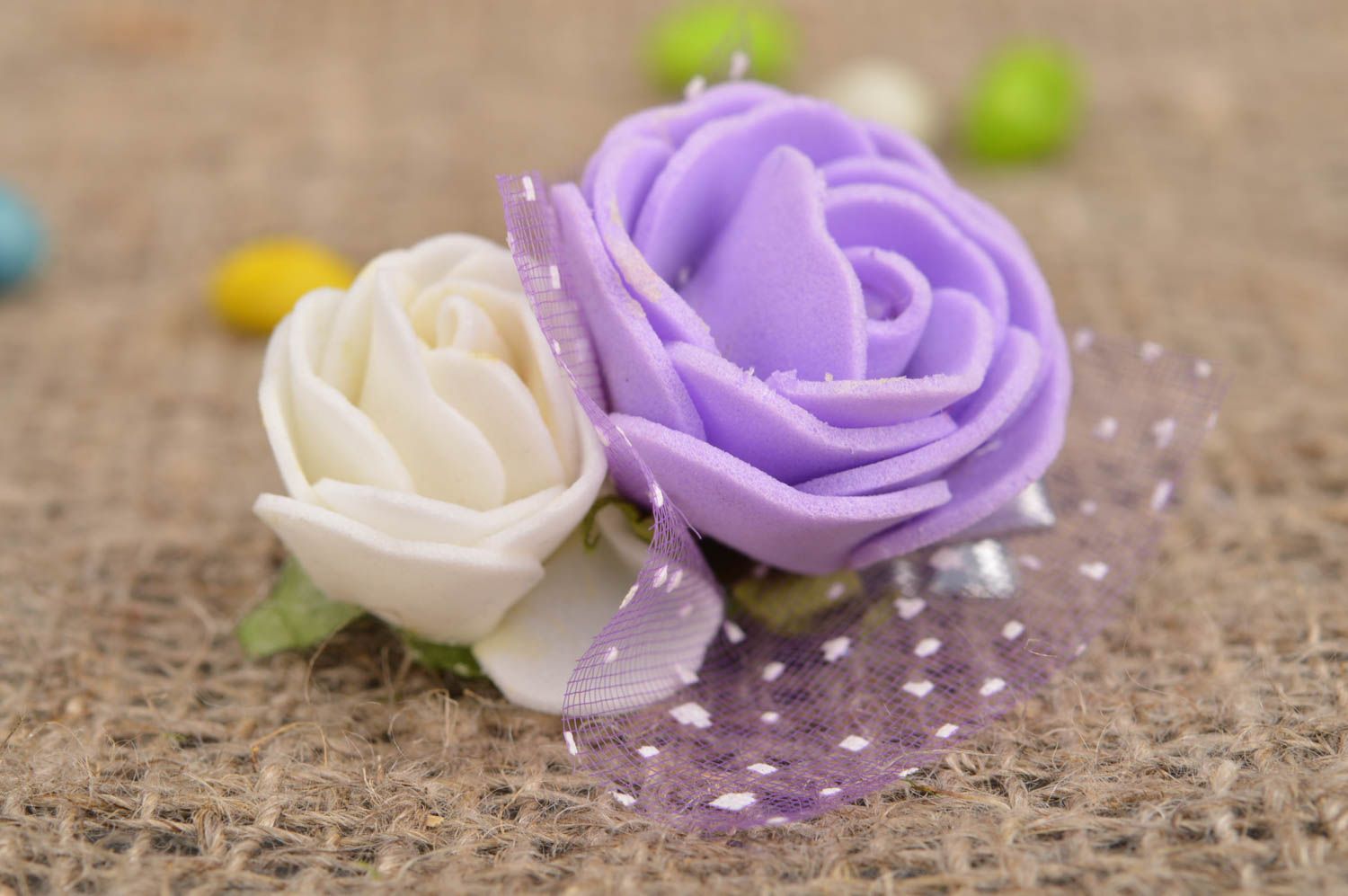 Handmade tender designer hair clip with artificial flowers violet and white rose photo 1
