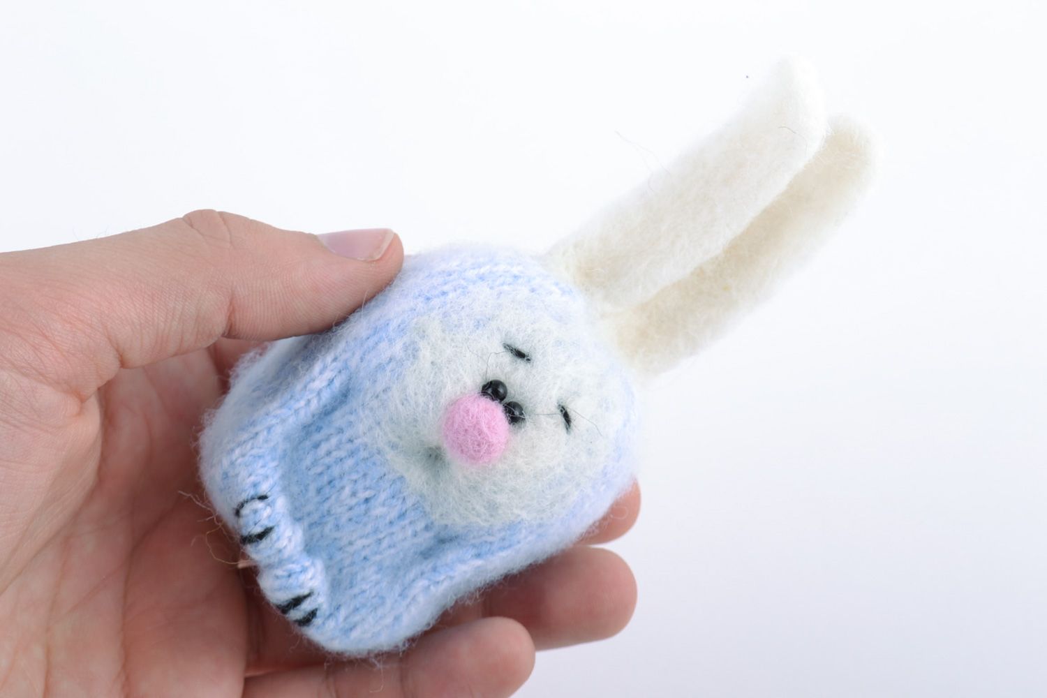 Handmade blue crochet toy long-eared hare with felted elements photo 4