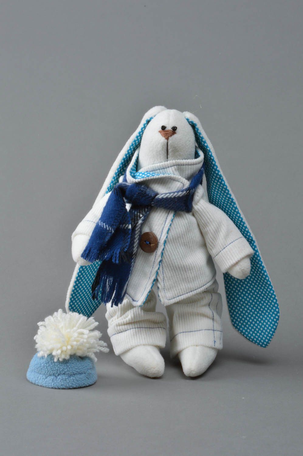 Handmade cotton and fleece soft toy rabbit rabbit in hat and scarf for kids  photo 2