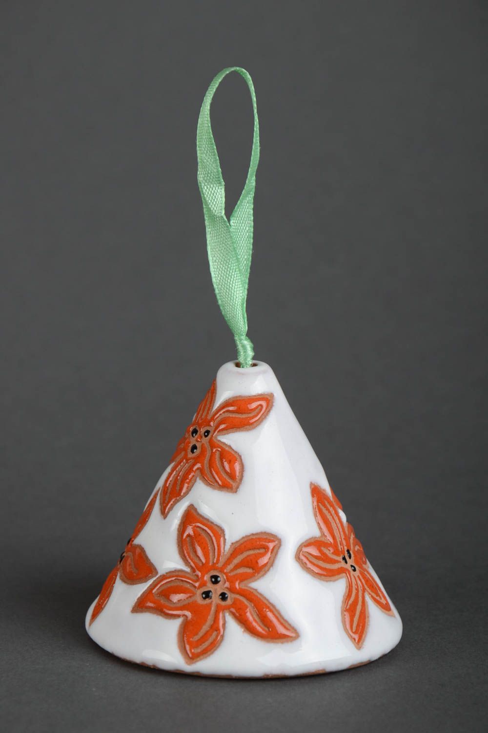 Handmade decorative hanging glaze ceramic white bell with orange flowers photo 2