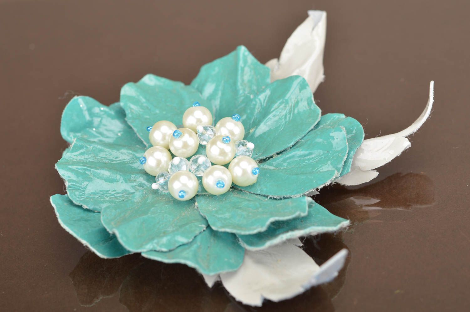 Extraordinary handmade flower brooch in green color created using beads photo 2