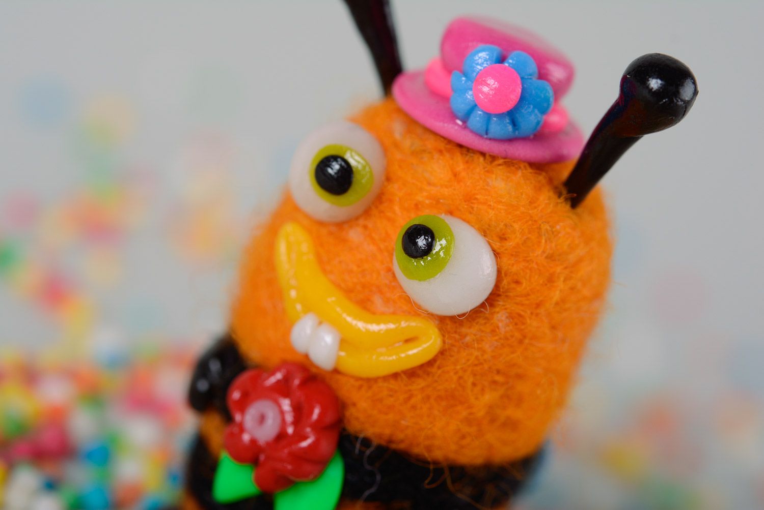 Miniature felted wool toy made with polymer clay elements funny cute Bee photo 2