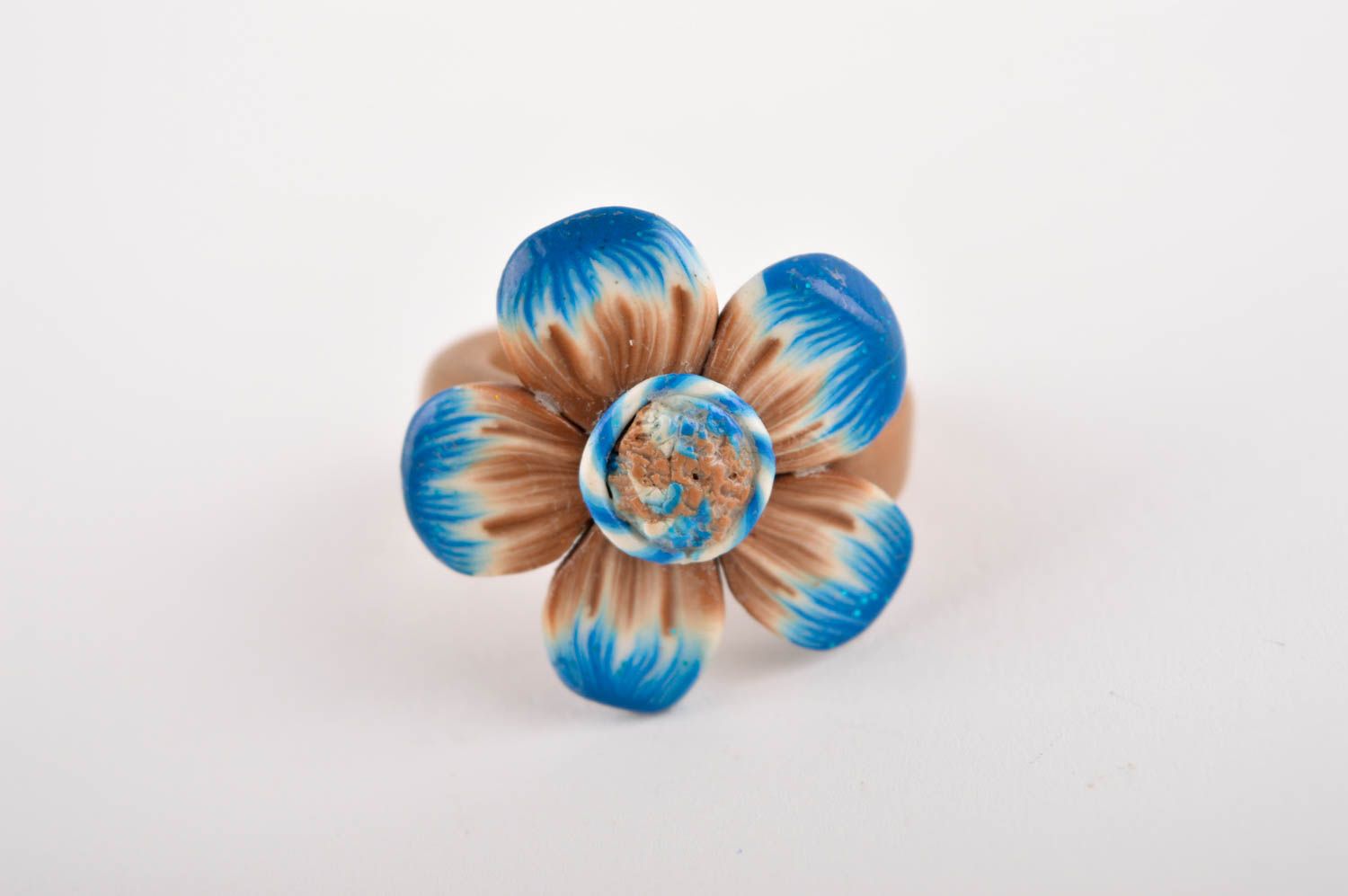 Bague fleur Bijou fait main en pâte polymère bleu-marron Petit cadeau femme photo 3