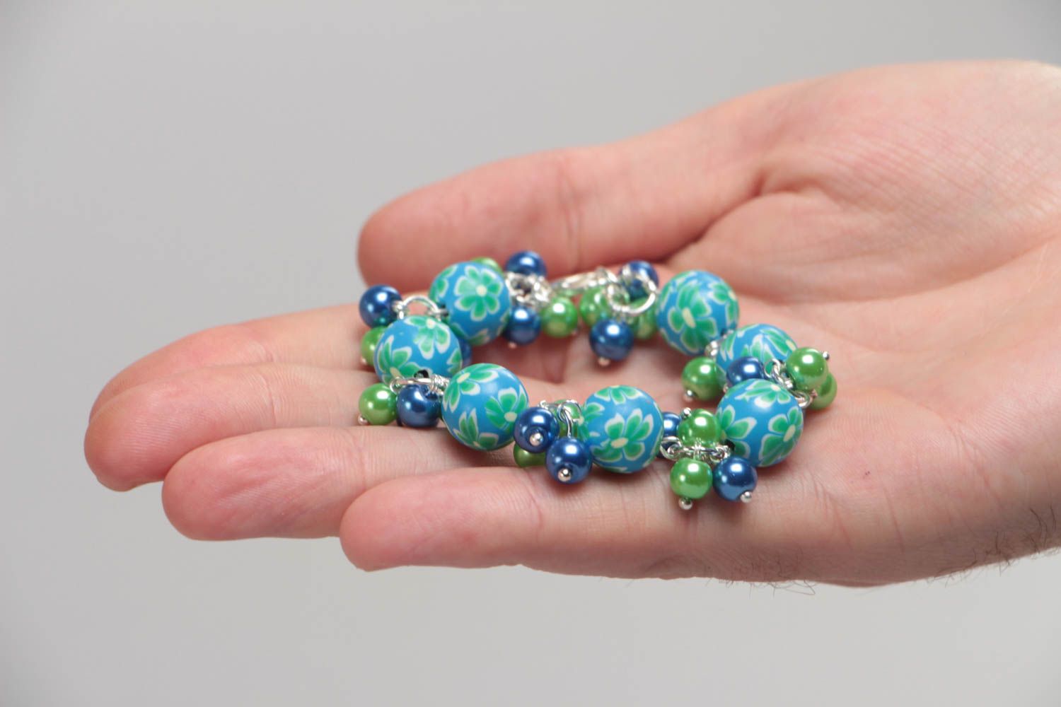 Blue handmade children's polymer clay bracelet with ceramic beads on chain photo 5