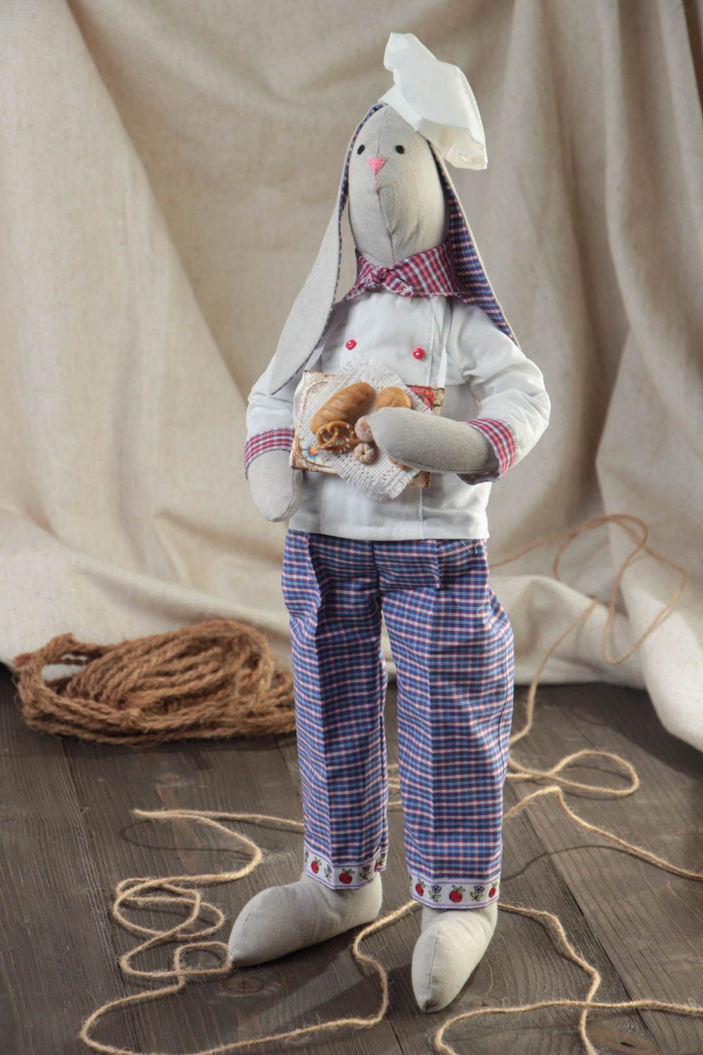 Handmade designer collectible cotton and linen fabric soft doll rabbit chef photo 1