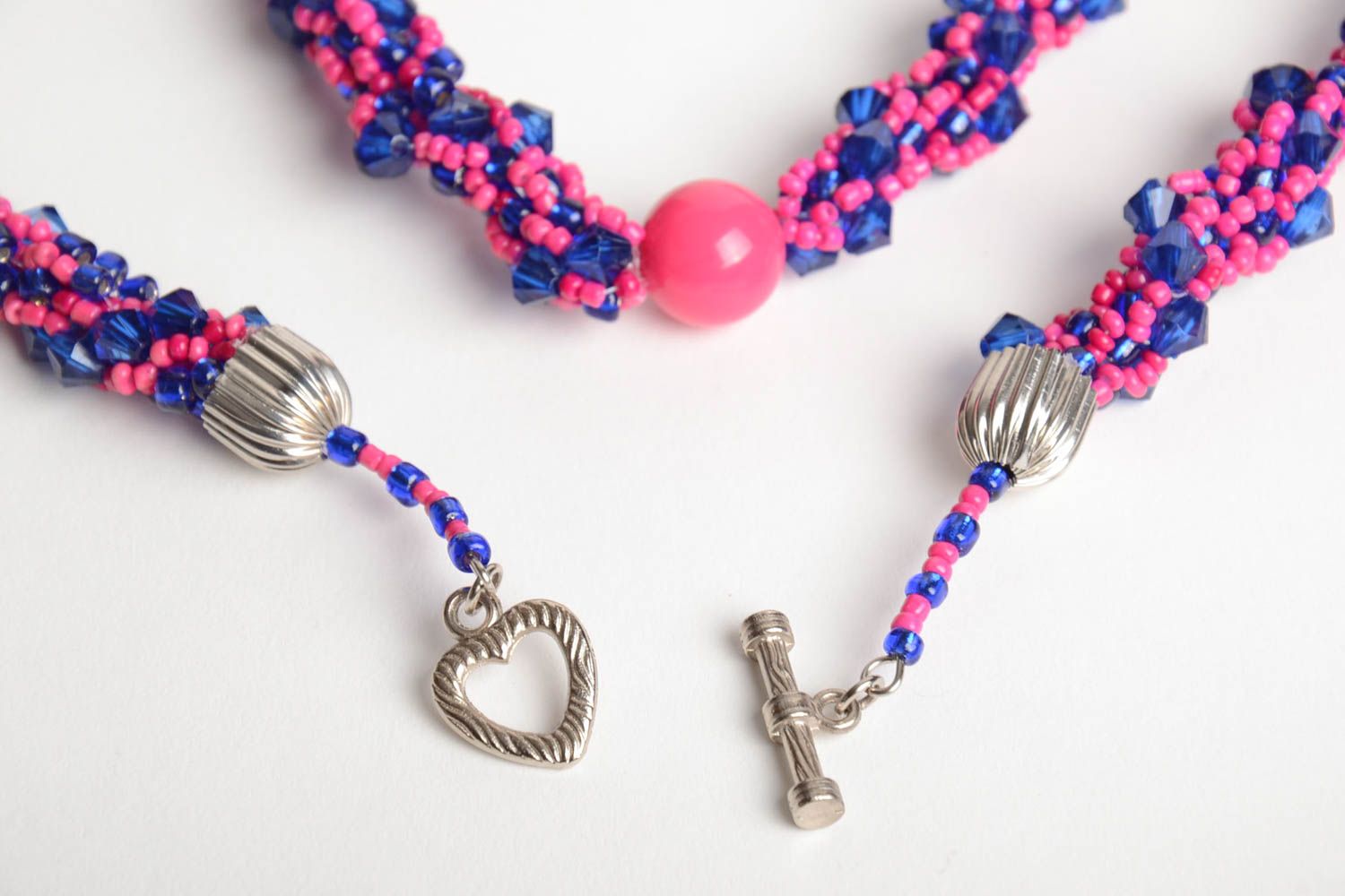 Handmade designer women's necklace crocheted of bright pink and blue Czech beads photo 5