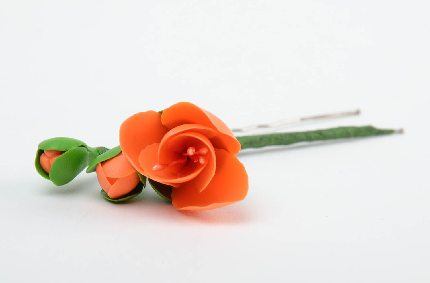 Handmade decorative metal hair pin with cold porcelain flower of orange color photo 4